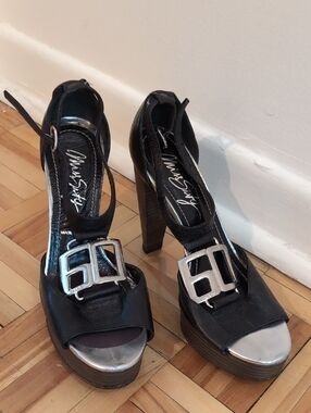 Miss Sixty Black Leather Platform Heels with Silver Accent Size 36